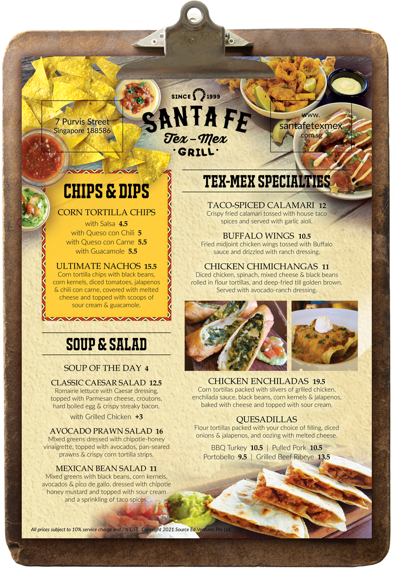 Santa Fe Menu, Sep 2021, Pg 1 (Appetizers, Soup, Salad, Chips)