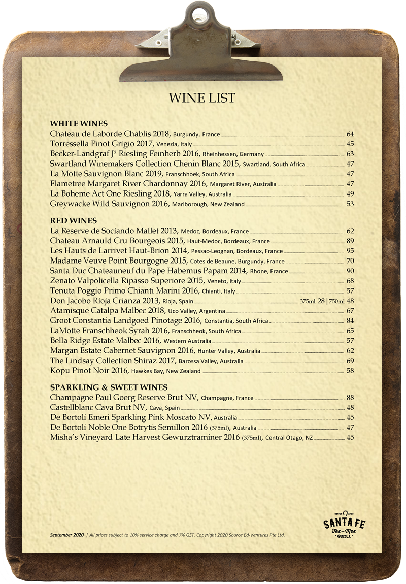Santa Fe Wine List, Sep 2020